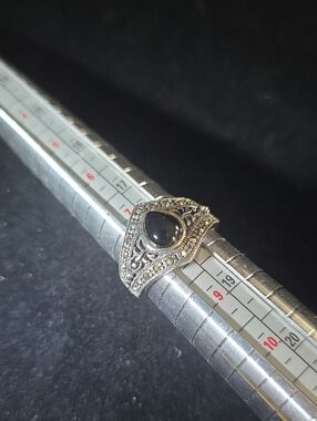 Sterling Silver Black Onyx Teardrop Ring with Marcasite Accents